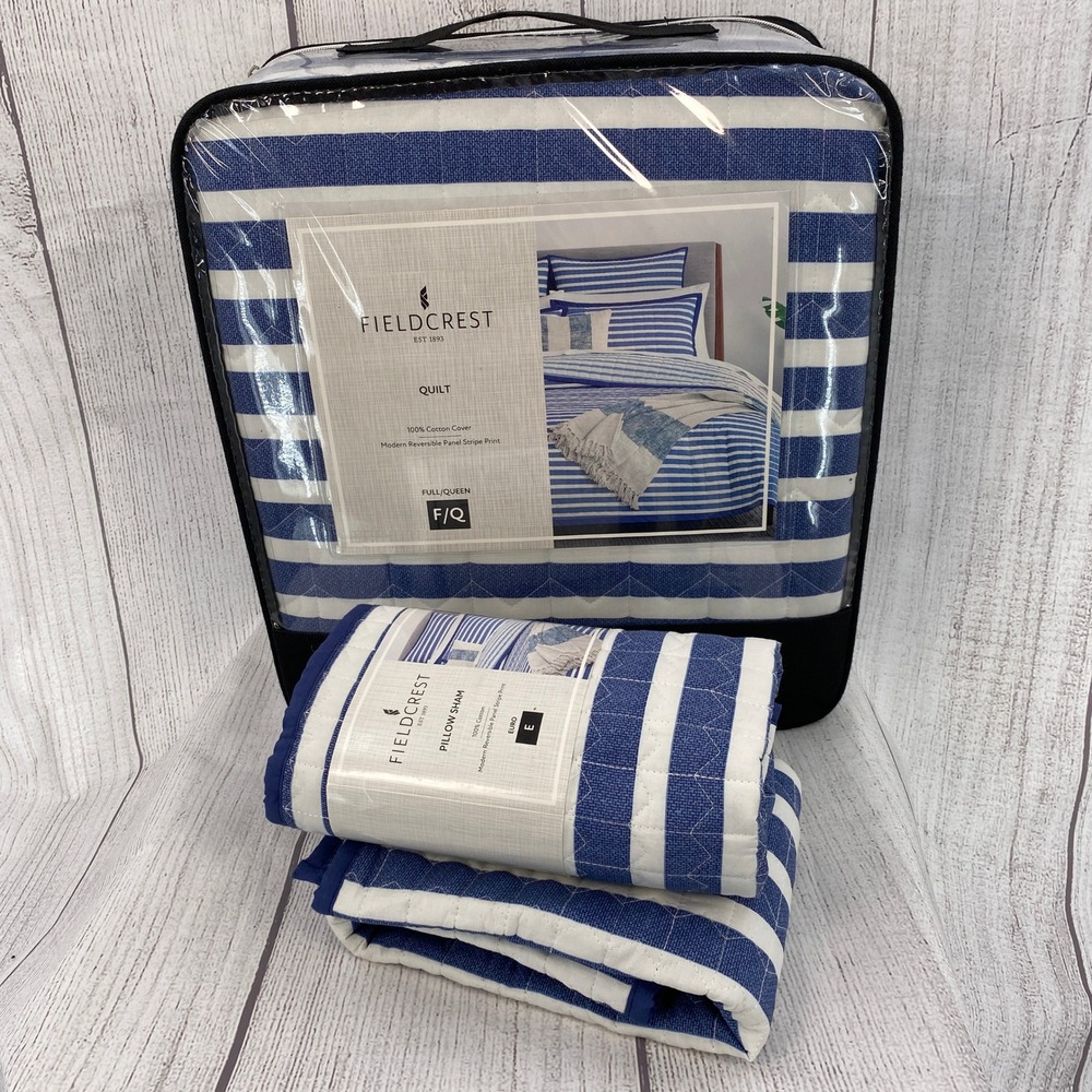 Fieldcrest Quilt Set Full Queen Euro Sham Cobalt Blue White Striped Reversible